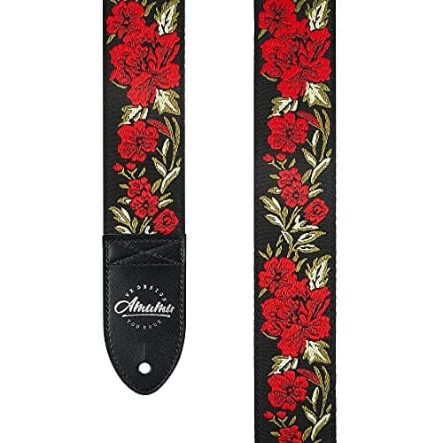 Amumu Red Flower Embroidery Guitar Strap for Acoustic, Electric & Bass - 2" Wide — Red Flower