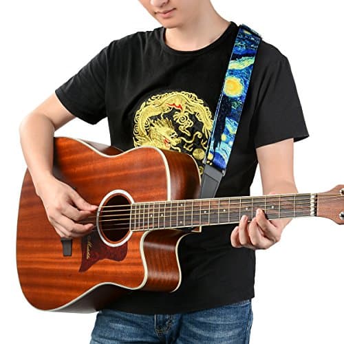 BestSounds Van Gogh Starry Night Guitar Strap with Button & Locks, Adjustable for Bass, Electric & Acoustic Guitar, Perf