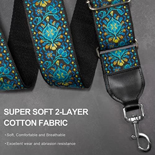 Soft Cotton & Leather Ends Jacquard Embroidered 2" Wide Crossbody Bag Purse Straps