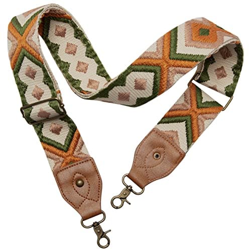 OllarKt 2" Wide Adjustable Leather Bag Strap — Green Orange Embroidery