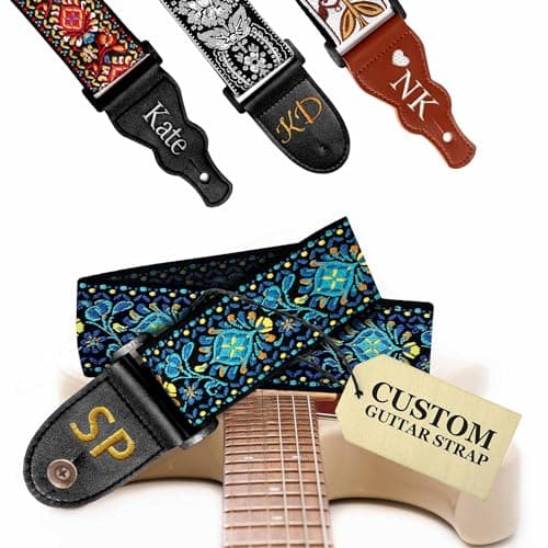 Black Silver Classic Woven Guitar Strap with Pick + Lock + Button - Add Your Text — Custom Blue Woven
