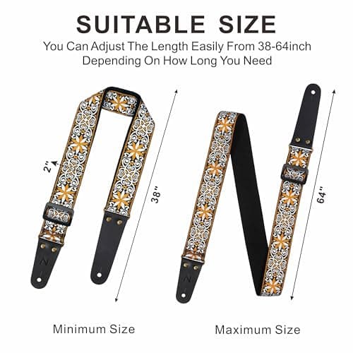 Nefelibata Embroidered Cowhide Leather Ends Guitar Strap, 1 Pair Locks & Picks Included