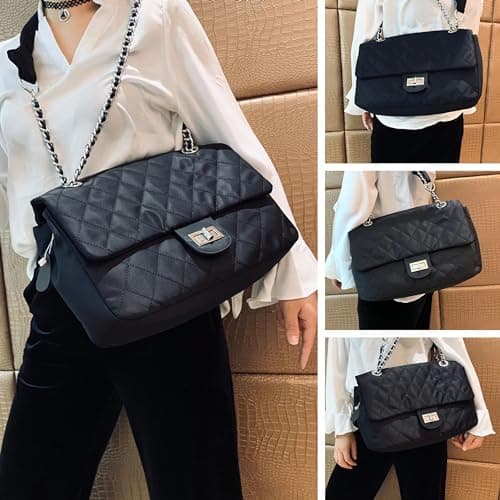Nefelibata Women's Crossbody Bag: Nylon Hobo Purse with Chain Strap (Diamond Black)