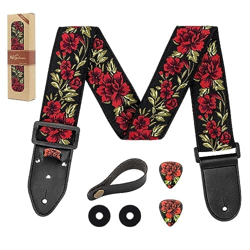 Genuine Leather Electric/Acoustic Guitar Bass Strap, Blue, with Pick Holder & Locks — Rose&strap Button
