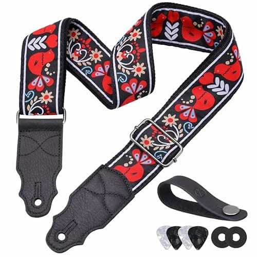 Head Layer Cowhide Leather Guitar Strap, 2" Wide, 2 Locks, 4 Picks Included — Red Bird