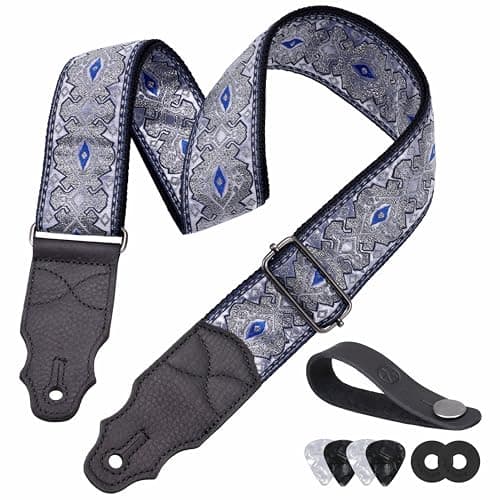 Head Layer Cowhide Leather Guitar Strap, 2" Wide, 2 Locks, 4 Picks Included — Blue Gemstone