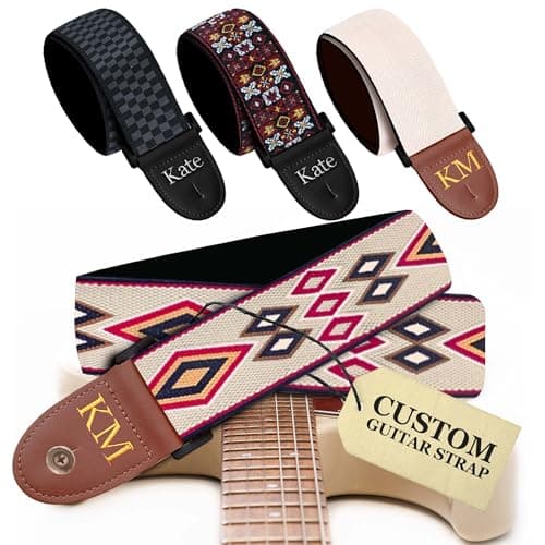 Black Silver Classic Woven Guitar Strap with Pick + Lock + Button - Add Your Text — Custom Orange Rhombus