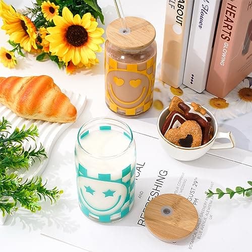 Preppy Checkered Happy Face Drinking Glasses Set for Cocktails and more