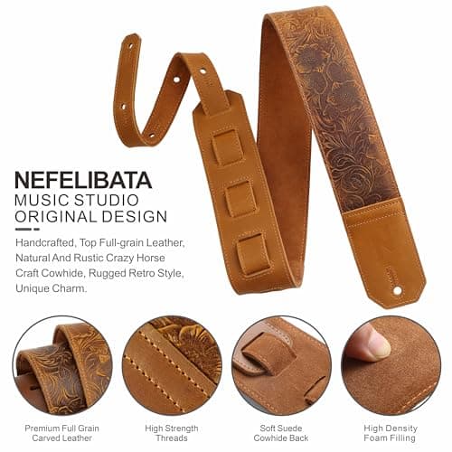 Nefelibata Full-Grain Leather Guitar Strap, 2.3" Wide, Soft Padded (Sahara Yellow Embossed)
