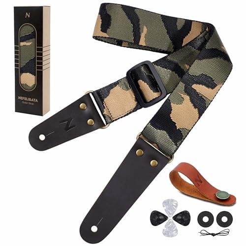 Nefelibata Guitar Strap with Hidden Pocket for Bass, Electric, and Acoustic Guitars — Green Vintage Camo