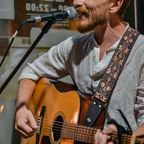 Nefelibata 2" Jacquard Embroidery Guitar Strap, Full Grain Leather Ends, Hidden Pocket, Bass, Electric & Acoustic Guitar