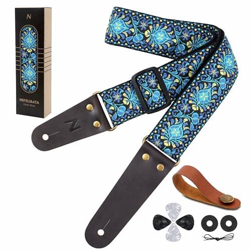 Vintage Embroidered Nefelibata Guitar Strap with Cowhide Ends, 1 Pair Locks & Picks — Blue Flowers-2