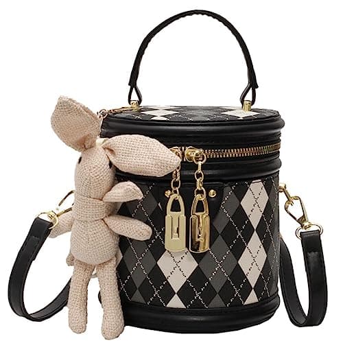 RTGGSEL Quilted Lattice Shoulder Bag for Women with Bunny Pendant — Bucket Diamond Black