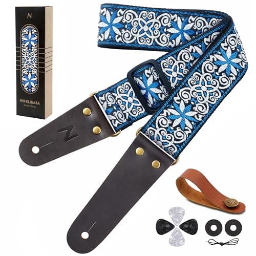 Vintage Embroidered Nefelibata Guitar Strap with Cowhide Ends, 1 Pair Locks & Picks — Blue