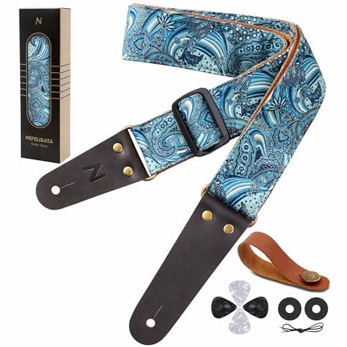 Vintage Embroidered Nefelibata Guitar Strap with Cowhide Ends, 1 Pair Locks & Picks — Blue Vine