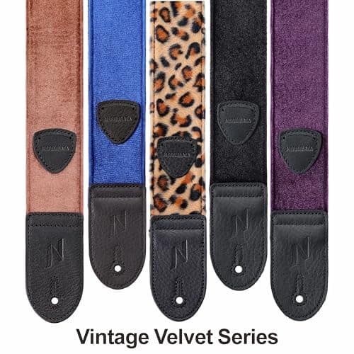 Nefelibata Vintage Velvet Guitar Strap with Leather Ends & Bonus Accessories (Coffee Brown)
