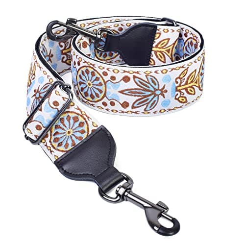 Banjo Strap Guitar Strap with Leather Ends and Metal Clips (Flowers) — White
