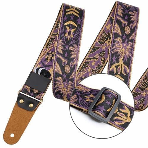 Embroidered Leather Guitar Strap with Hidden Pocket for Electric, Acoustic, and Bass Guitars