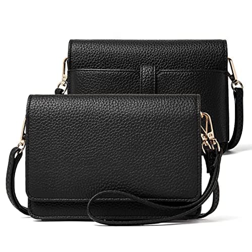 BROMEN Women's Crossbody Bag: Small Cell Phone Wristlet Wallet Clutch — Tumbled Leather Black
