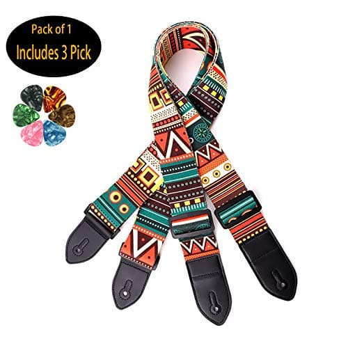 Adjustable Acoustic & Electric Guitar Strap, Leather & Polyester, Includes 3 Picks