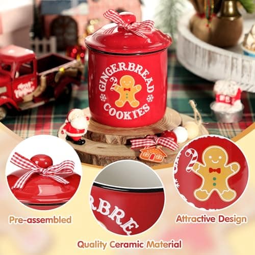 Christmas Ceramic Canister Set with Gingerbread Cookies Tiered Tray Decor for Home Table Centerpiece - Ideal Gift for Hostesses and Home Decor Enthusiasts