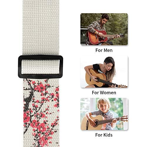 Embroidered Acoustic Guitar Strap with Real Leather Ends & Button Lock for Electric & Bass Guitars