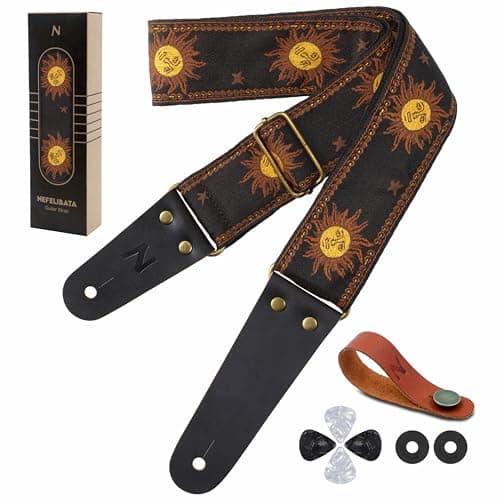 Nefelibata Embroidered Cotton Guitar Strap with Cowhide Ends (Saffron) — Golden Sun-black