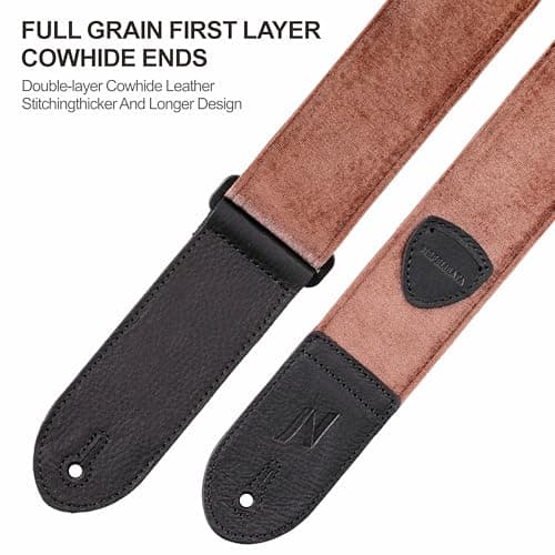 Nefelibata Vintage Velvet Guitar Strap with Leather Ends & Bonus Accessories (Coffee Brown)