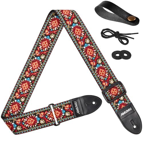 Amumu Red Flower Embroidery Guitar Strap for Acoustic, Electric & Bass - 2" Wide