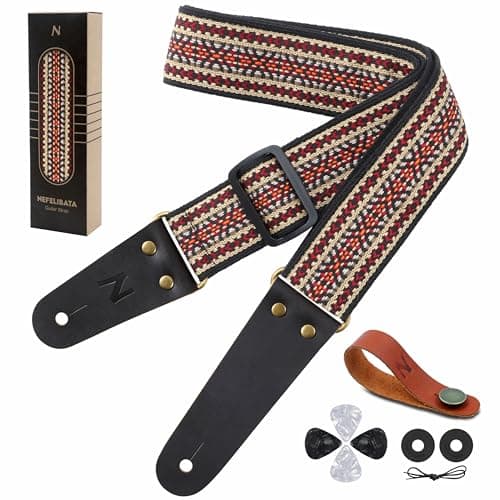 Nefelibata Embroidered Cotton Guitar Strap with Cowhide Ends (Saffron) — Pink & Blue Woven Pattern