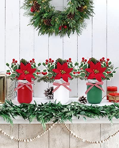 Christmas Mason Jar Centerpiece Set with Faux Poinsettia and Holiday Decor