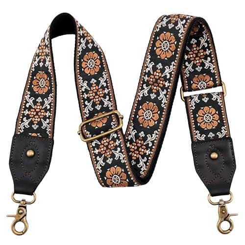 Nefelibata Retro Jacquard Embroidery Crossbody Bag Strap - Adjustable, Vintage Florals — Black Leather Embroidery