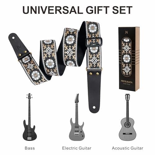 Vintage Embroidered Cotton Guitar Strap for Bass, Electric & Acoustic Guitar with Leather Ends and Accessories