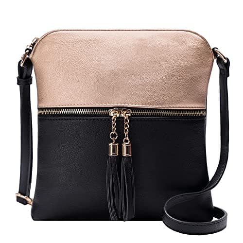 Solene Women's Lightweight Tassel Crossbody Purse, Perfect Daily and Travel Bag — Rose Gold/Black