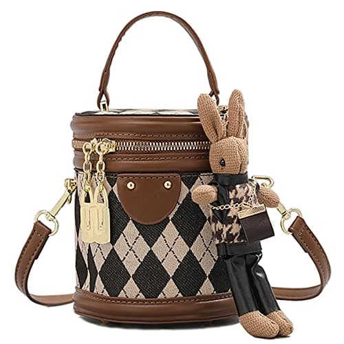 RTGGSEL Quilted Lattice Shoulder Bag for Women with Bunny Pendant — Bucket Brown