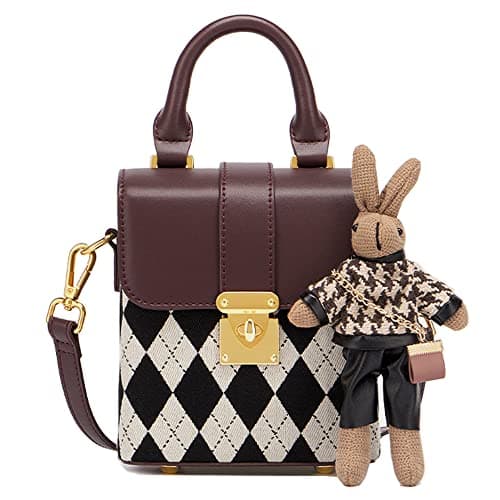 RTGGSEL Quilted Lattice Shoulder Bag for Women with Bunny Pendant — Quilted Brown