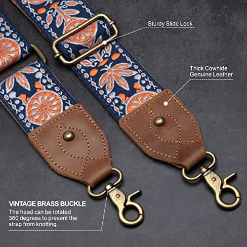 2 Wide Leather Shoulder Strap for Bags, Adjustable Replacement with Embroidered Design