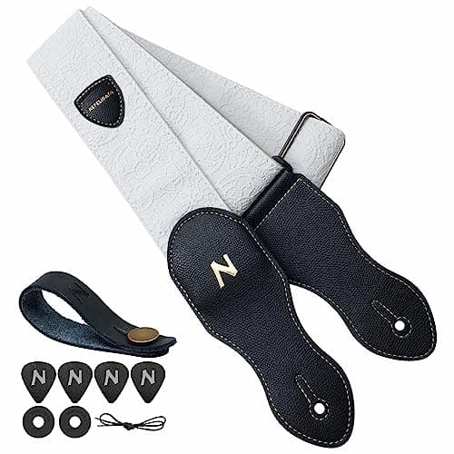 Vintage Leather Guitar Strap with Pick Pocket — White Lace
