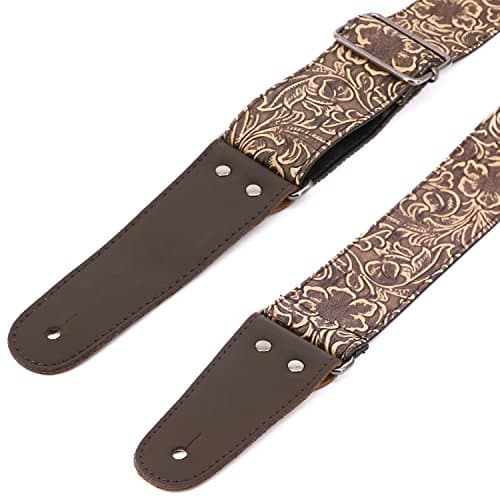 Anwenk Stamped Leather Guitar Strap for Electric Bass, Vintage 60's Style, Genuine Leather Ends, Includes 2 Picks