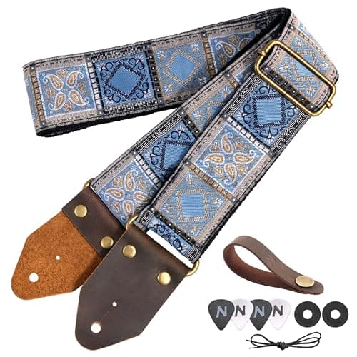 Red Gold Embroidery Nefelibata Jacquard Guitar Strap for Bass, Electric & Acoustic — I#-boho Light Blue Chequered