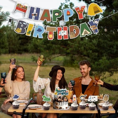 Camping Birthday Banner & Cake Topper Kit - Red, Orange, Brown, Green, Blue - 26 Pieces