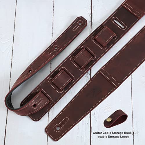 Vintage Burgundy Leather Guitar Strap with Foam Padding and Cable Storage Loops
