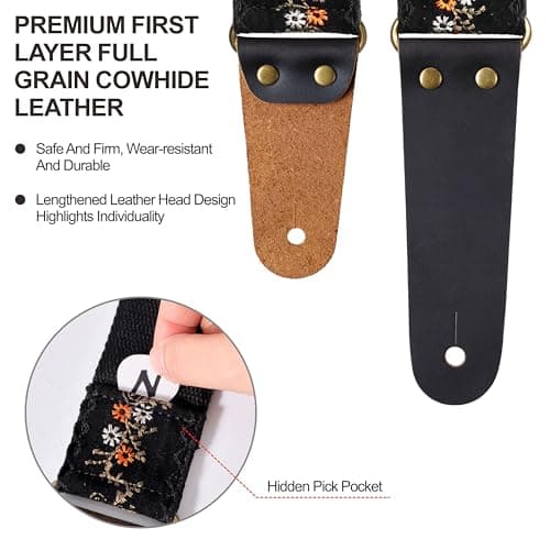 Nefelibata Flower Embroidery Guitar Strap, Cowhide Ends, Free Button & Locks, 1 Pair Picks