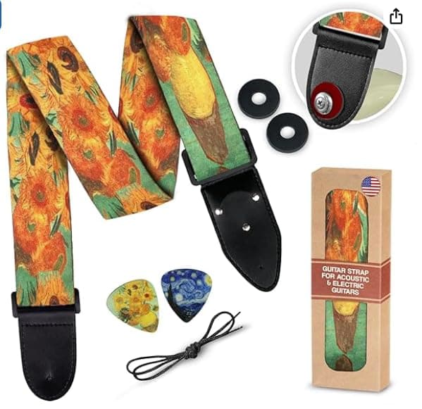 Van Gogh Sunflowers Guitar Strap Bundle with 2 Locks & Picks — Sun Flowers