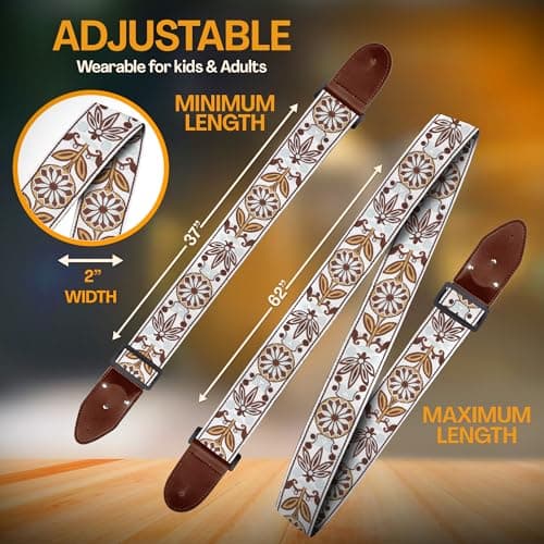 Vintage Woven Embroidered Guitar Strap - White,Adjustable for Acoustic, Electric & Bass Guitars Includes Picks