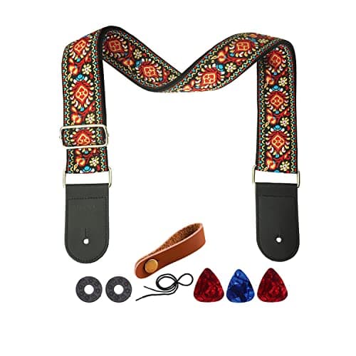 Yellow Flower Jacquard Weave Acoustic Bass Guitar Strap with 2 Locks + 3 Picks — Red Flower