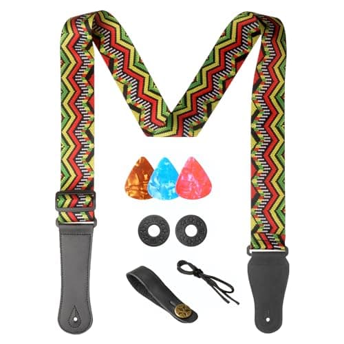 AZOR Vintage Woven Guitar Strap for Acoustic Electric Bass, Adjustable with Leather Ends & Strap Locks — Red Big Wave