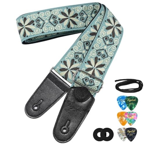Jacquard Embroidery Bass Strap, 2" Wide Cotton with Leather Ends & Locks — Green