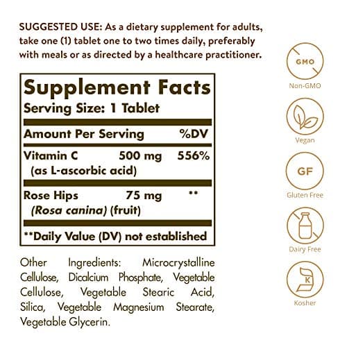 SOLGAR Vitamin C 500mg Tablets - Antioxidant & Immune Support for Overall Health - Healthy Skin & Joints - Non GMO, Vegan, Gluten Free, Dairy Free, Kosher