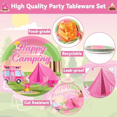 Pink Camping Party Supplies Paper Plates & Napkins - Serves 25